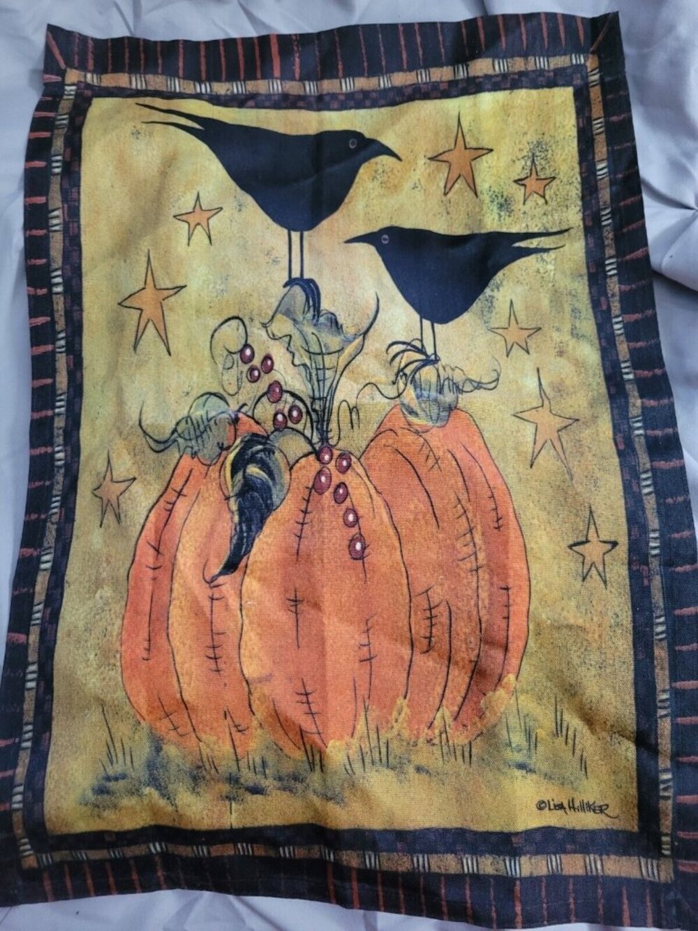 Lisa Hilliker Garden Flag Prim Pumpkin Crows Moody Black Orange Green 12x18 in